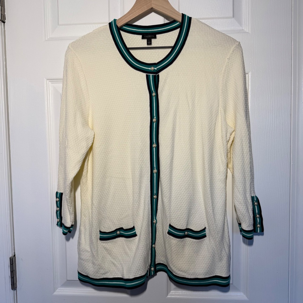 Talbots Cream Textured Cardigan Pearl Button Green Navy Stripe Trim Large